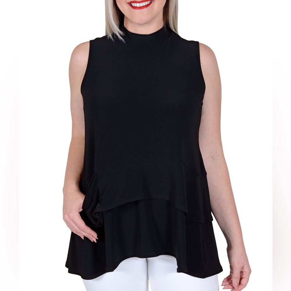 NWT Sympli Sleeveless Navy Top Waterfall Pocket Lagenlook Tiered Asymmetrical 12
